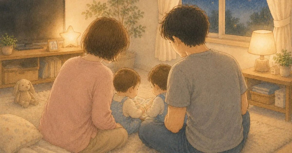 パパとママが並んで双子を抱く後ろ姿・水彩イラスト