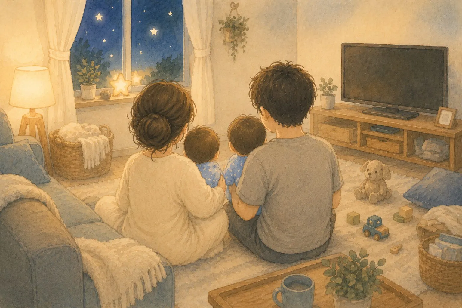 双子の寝床移行を夫婦で見守るパパとママのイラスト
