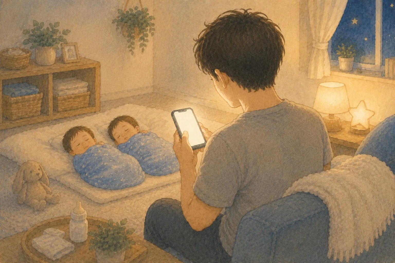 双子の夜泣き対応をぴよログで共有しながら確認するパパのイラスト