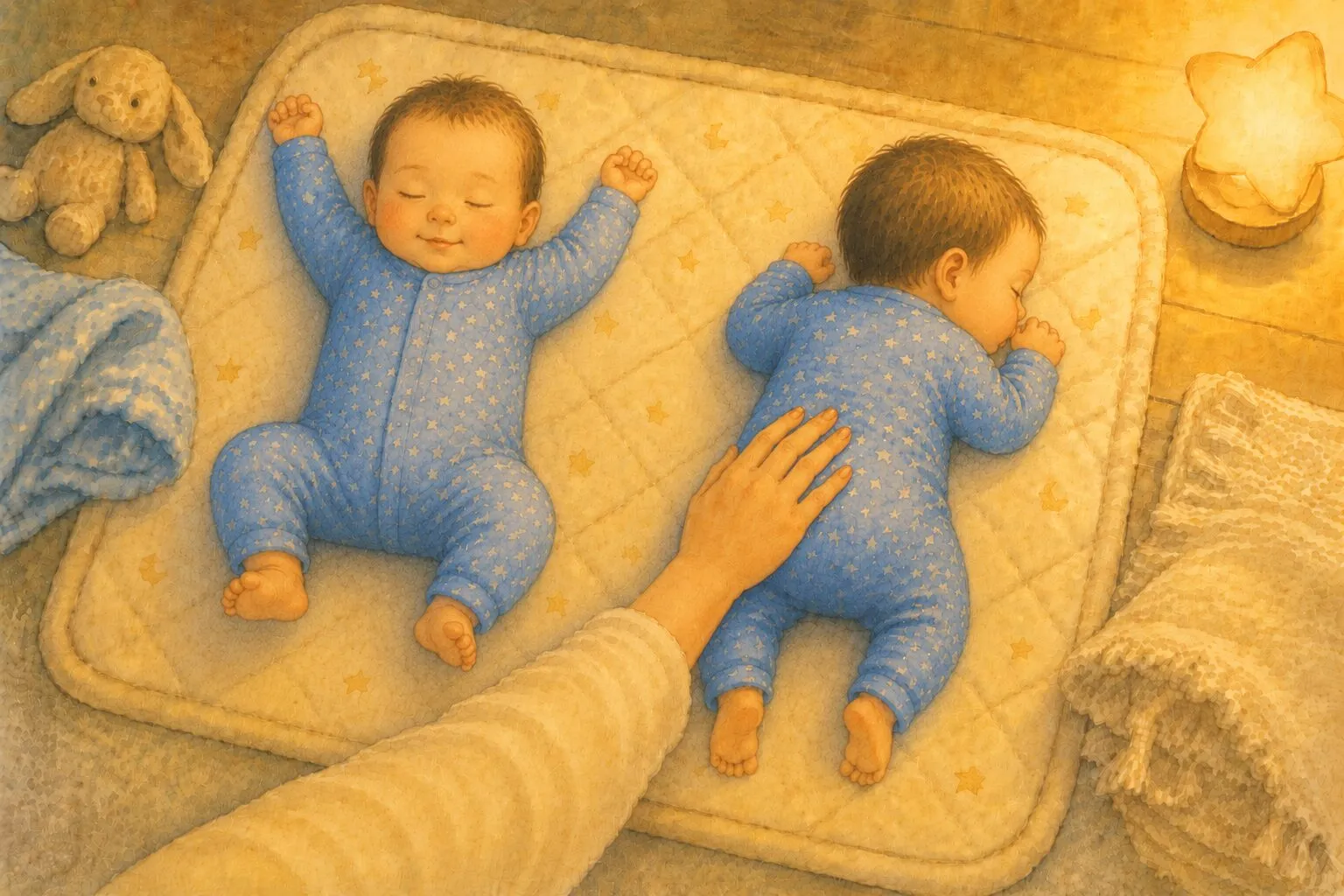 フロアマットで寝返りし始めた双子を見守るママのイラスト