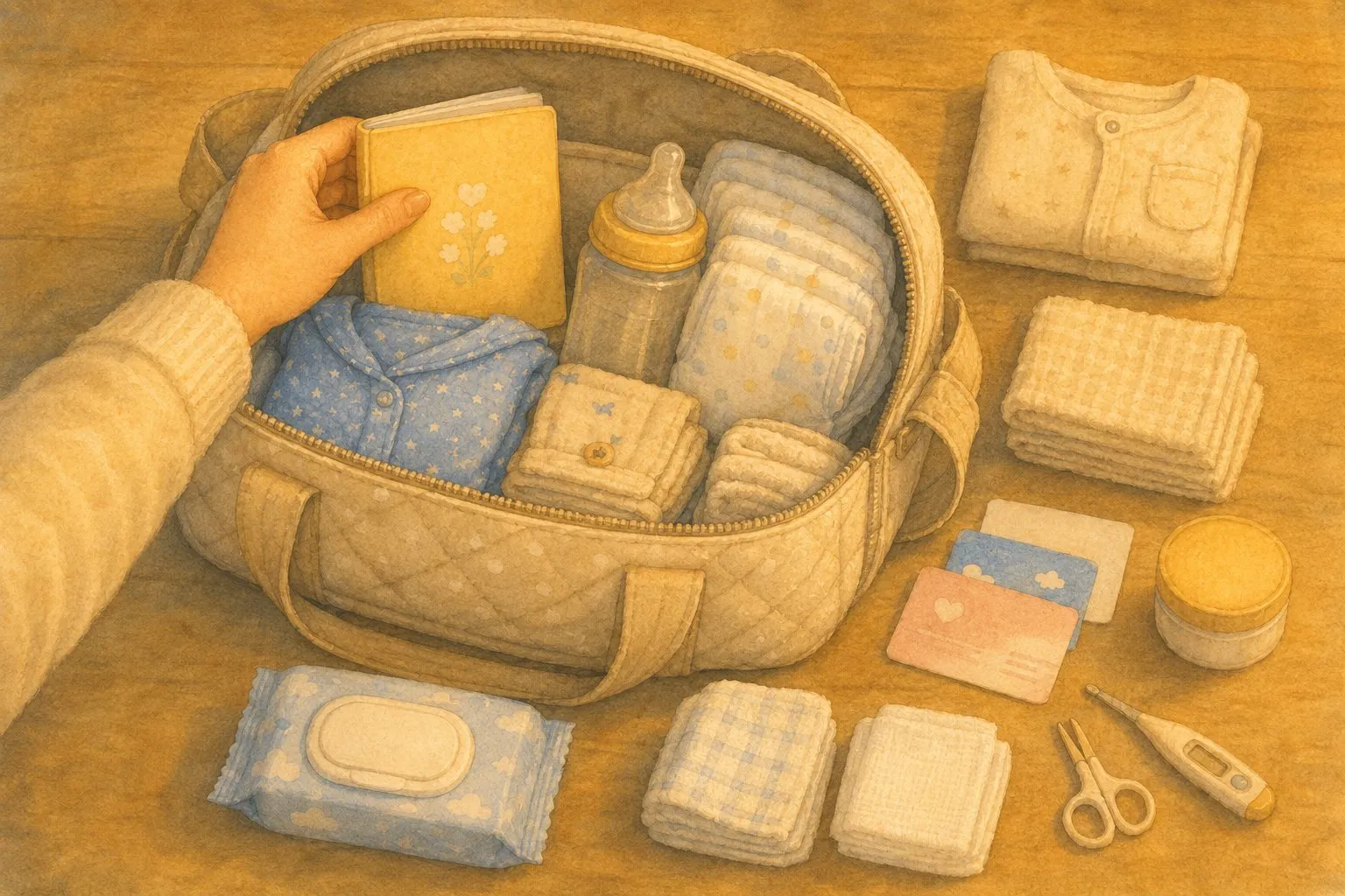 通院バッグを準備するママと近くで遊ぶ双子の赤ちゃんのイラスト