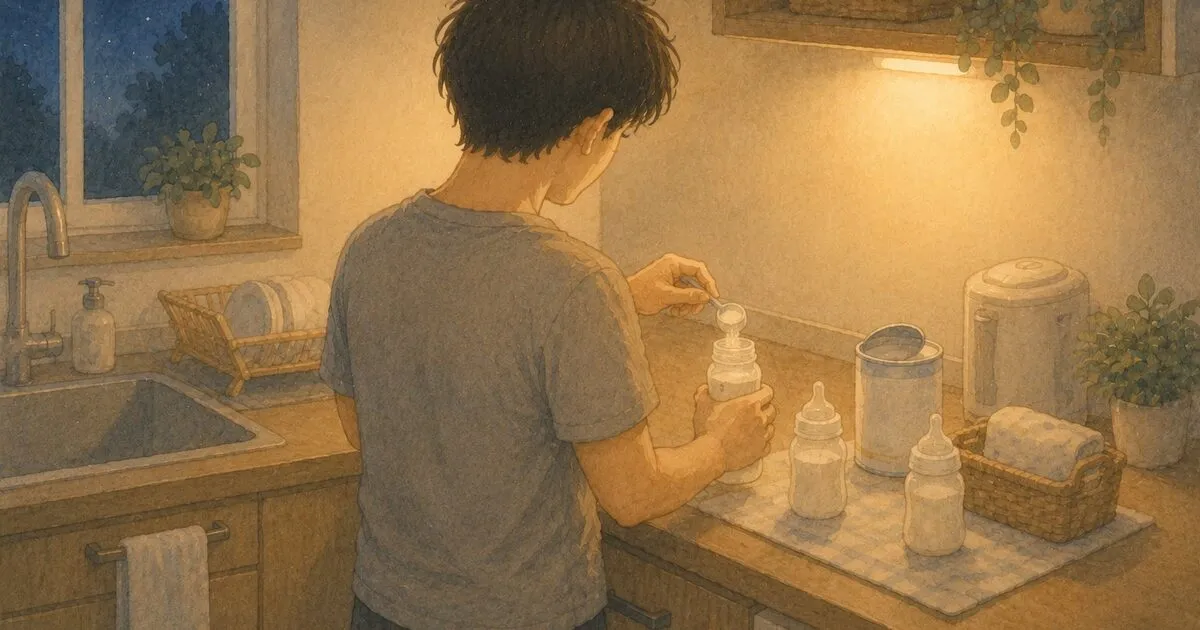 夜中のキッチンでミルクを作るパパ・水彩イラスト