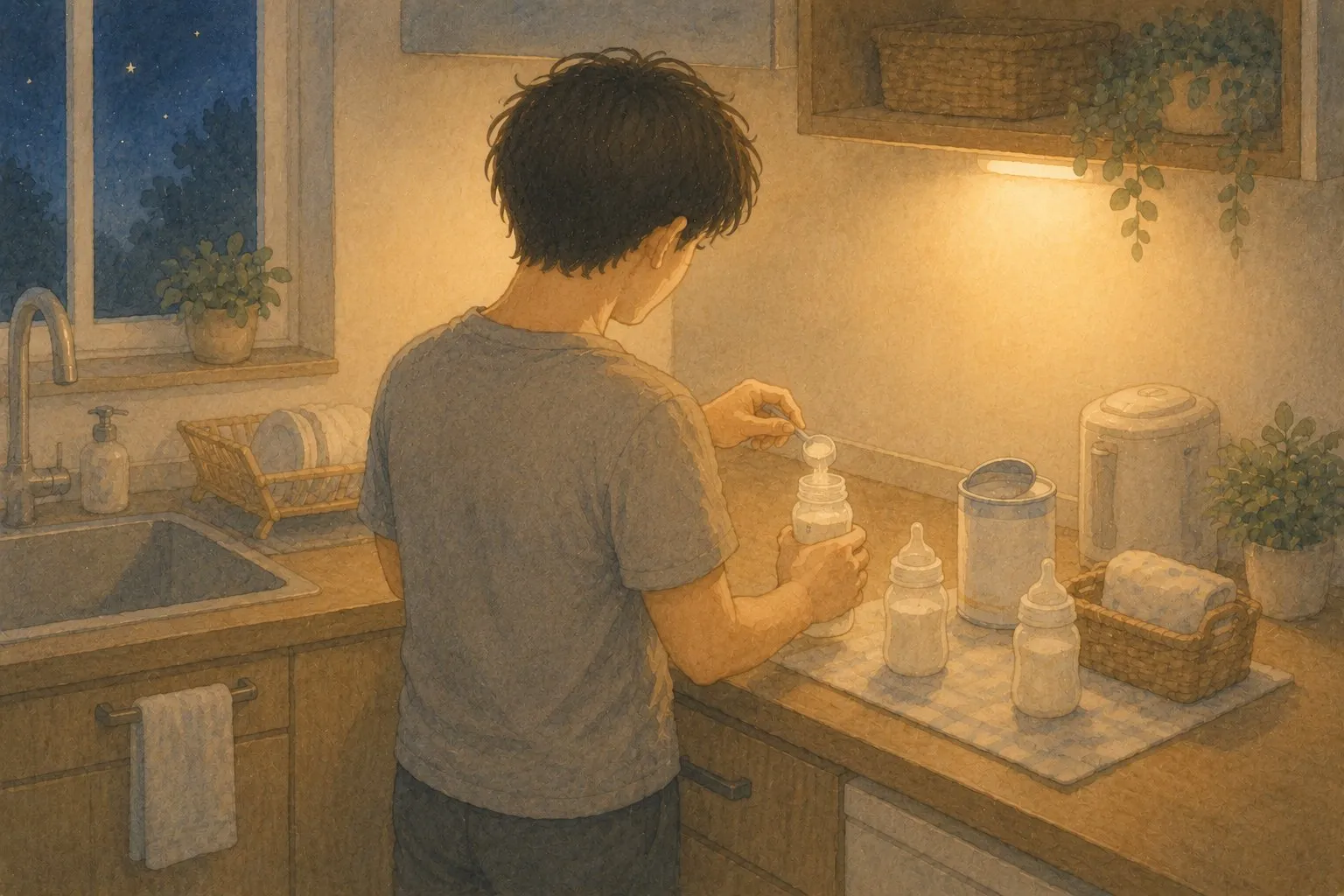 深夜のキッチンでミルクを作るパパ、隣の部屋では双子が眠っているイラスト