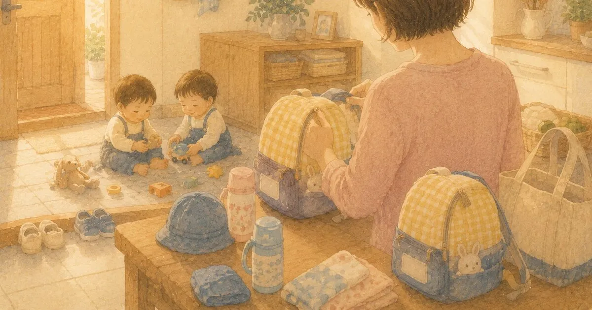 朝6時の柔らかい光の中で双子の保育園準備をするママ・水彩イラスト