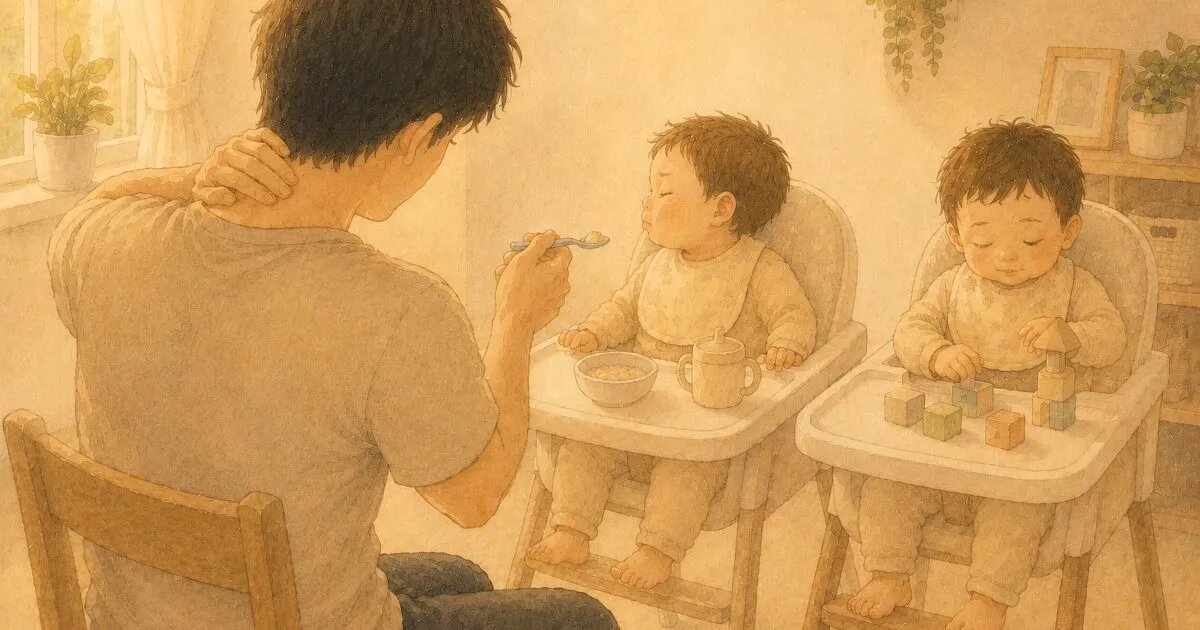 腕を伸ばしてスプーンを差し出し続けるパパの後ろ姿・水彩イラスト