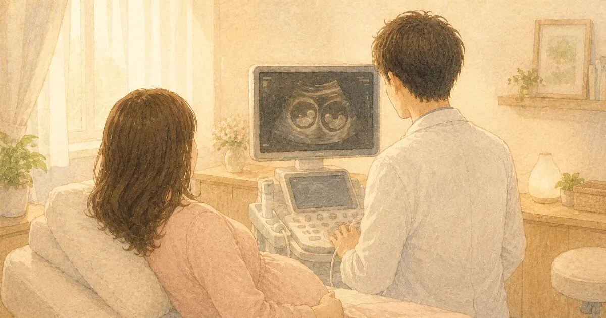 検診ベッドで横たわる妊娠初期の妊婦と医師・水彩イラスト