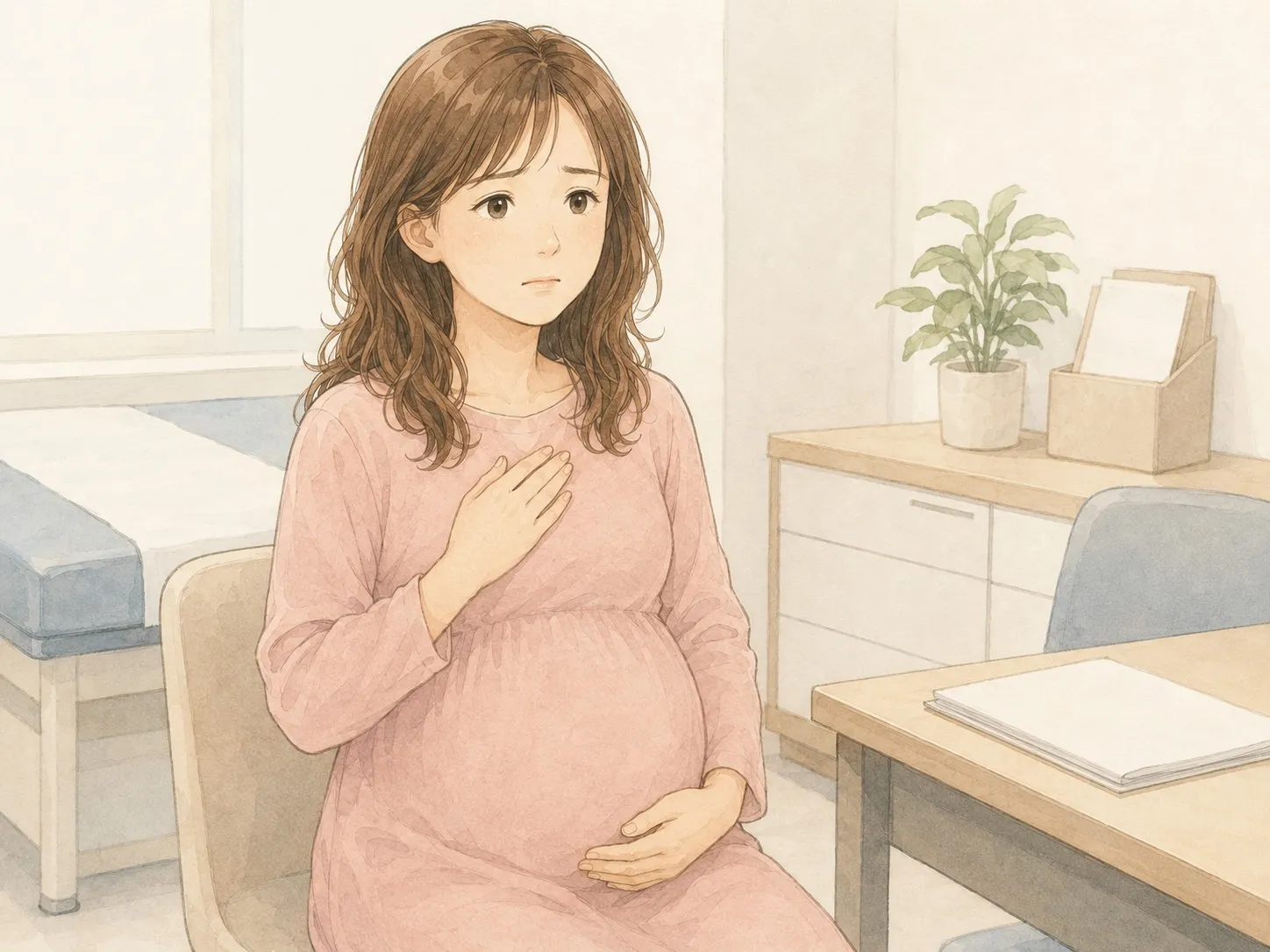 診察室で、「羊水がギリギリ」と聞いて不安そうに胸とお腹に手を当てる妊娠中のママの水彩イラスト