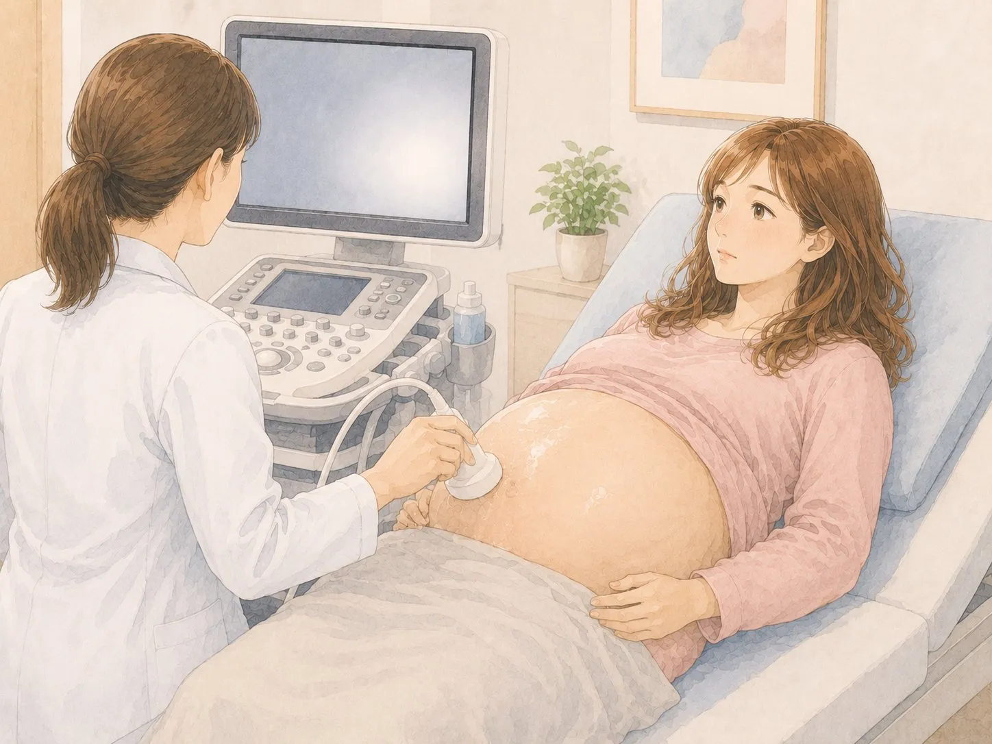 妊婦健診で、大きなお腹に経腹エコーの検査を受ける妊娠中のママの水彩イラスト
