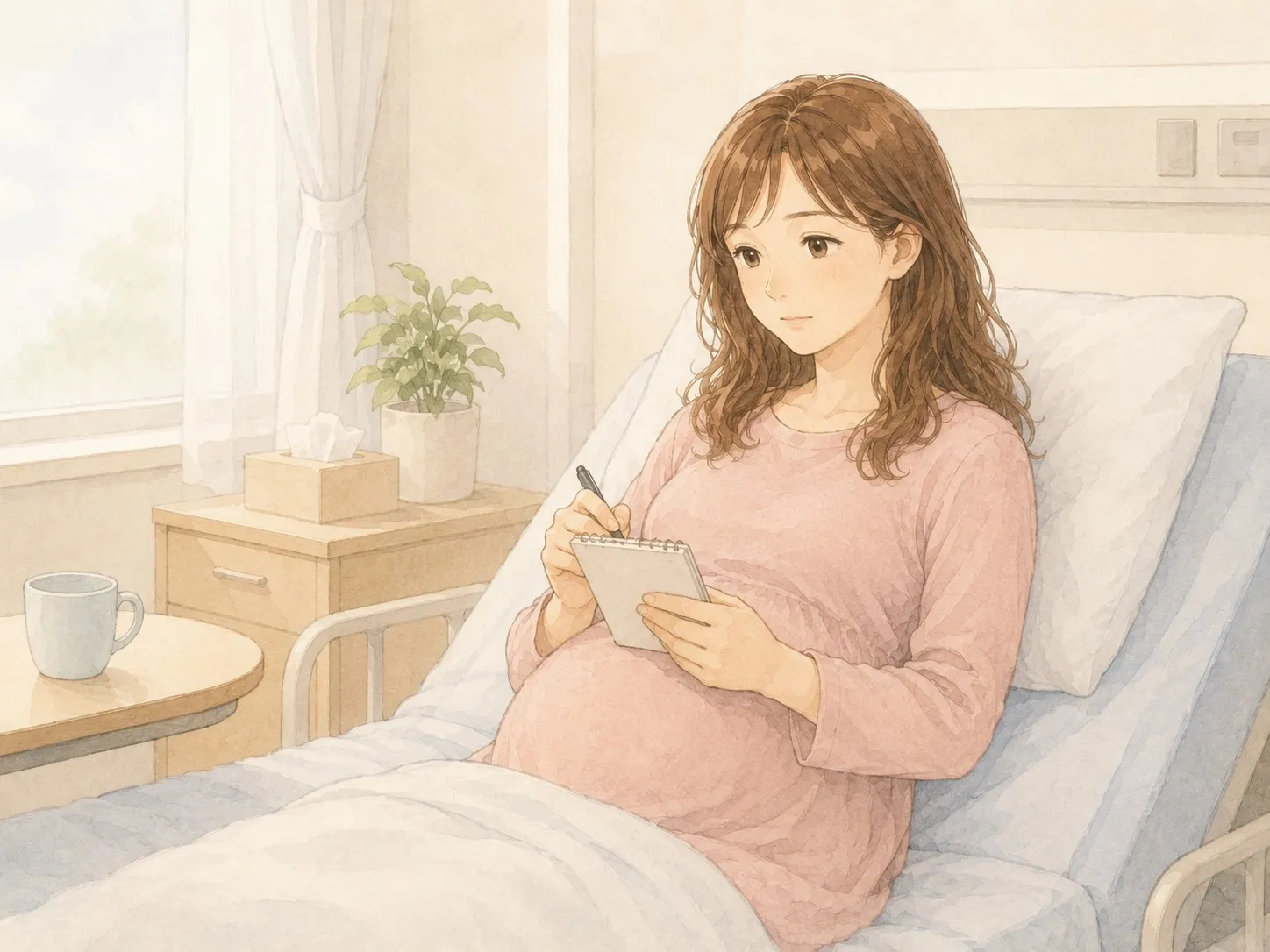 病室で、診察前に聞きたいことをメモにまとめる妊娠中のママの水彩イラスト