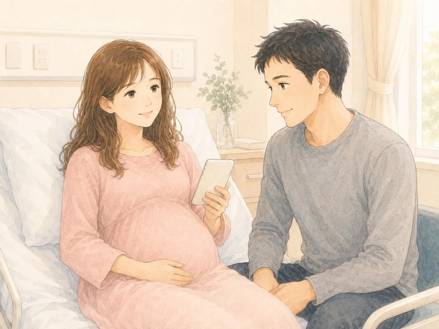 病室で、パパにスマホで気持ちを共有して少しほっとする妊娠中のママの水彩イラスト