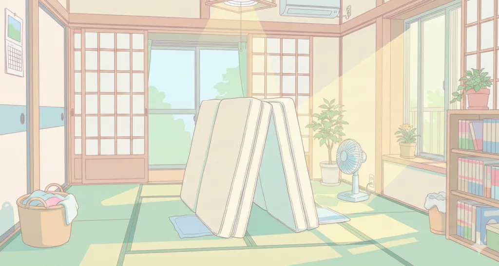 朝にマットレスを畳んで干している様子のイラスト