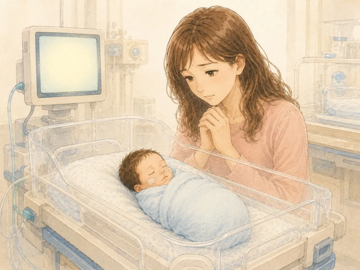 NICUの保育器で眠る弟と、そばのモニターを祈るように見守るママの水彩イラスト