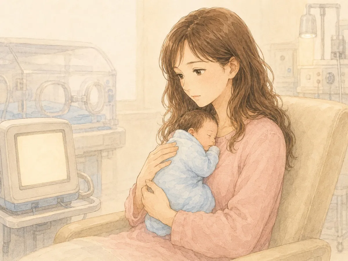 NICUで弟を抱っこしながら、そばのモニターを気にするママの水彩イラスト