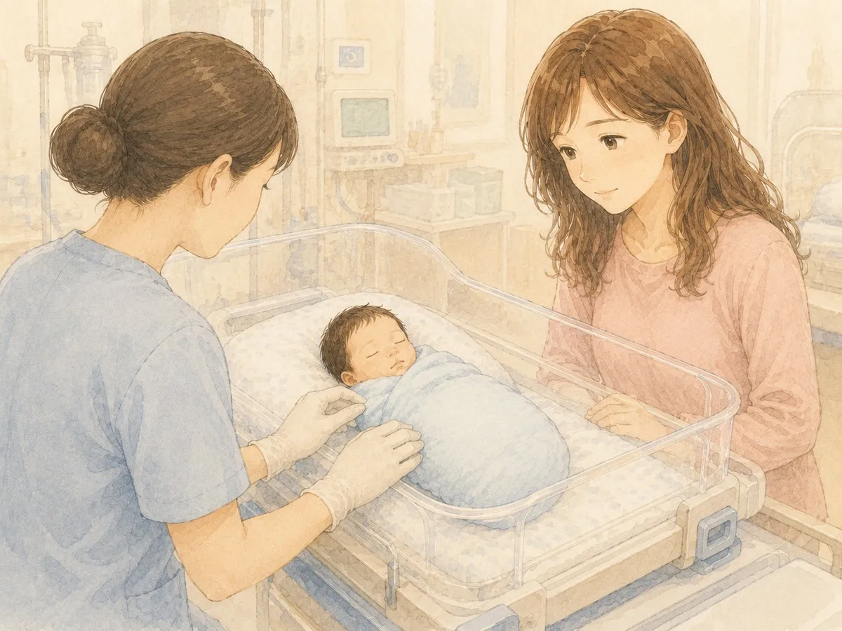 NICUで看護師さんが弟に対応し、そばで見守るママの水彩イラスト