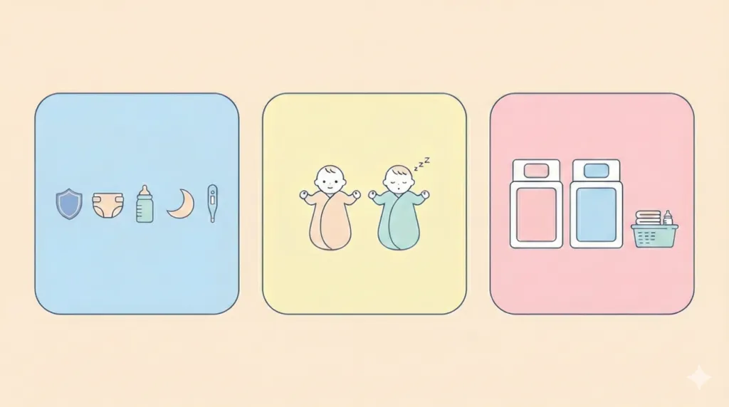 双子の育児と寝床のアイコン図（3〜5ヶ月）
