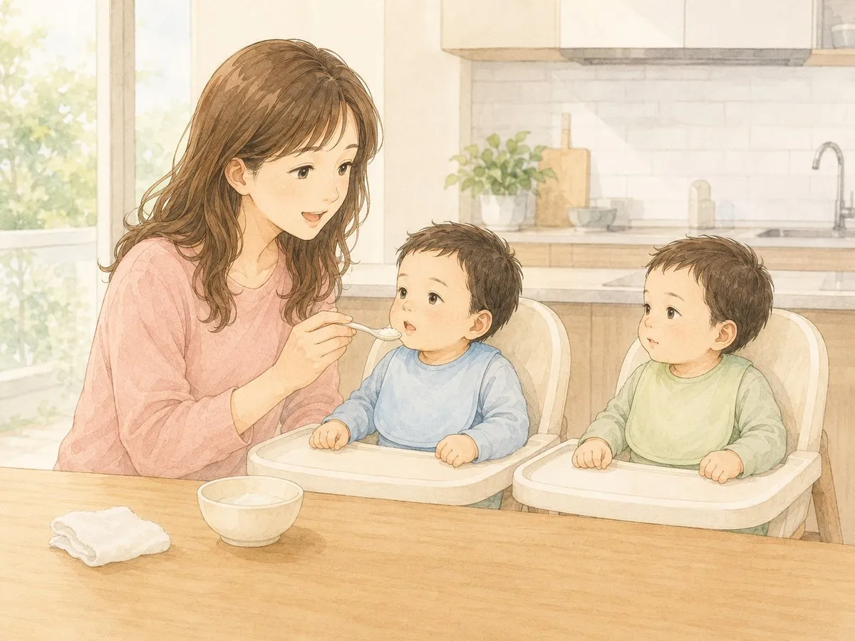 明るい台所で、ハイチェアに座った双子に離乳食の最初の一口をスプーンであげるママの水彩イラスト