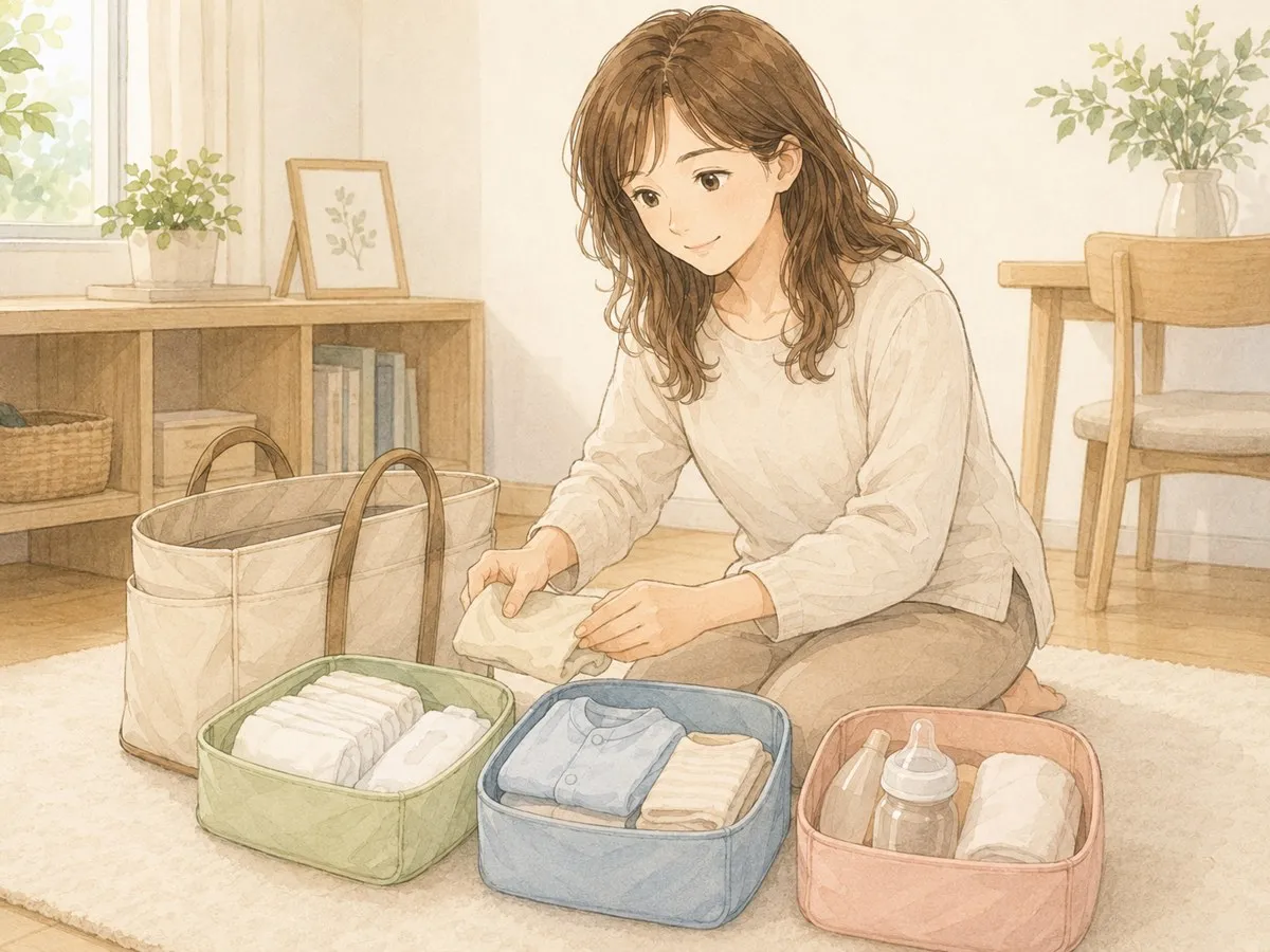 通院バッグの中身を色違いのポーチ3つに小分けして整理するママの水彩イラスト