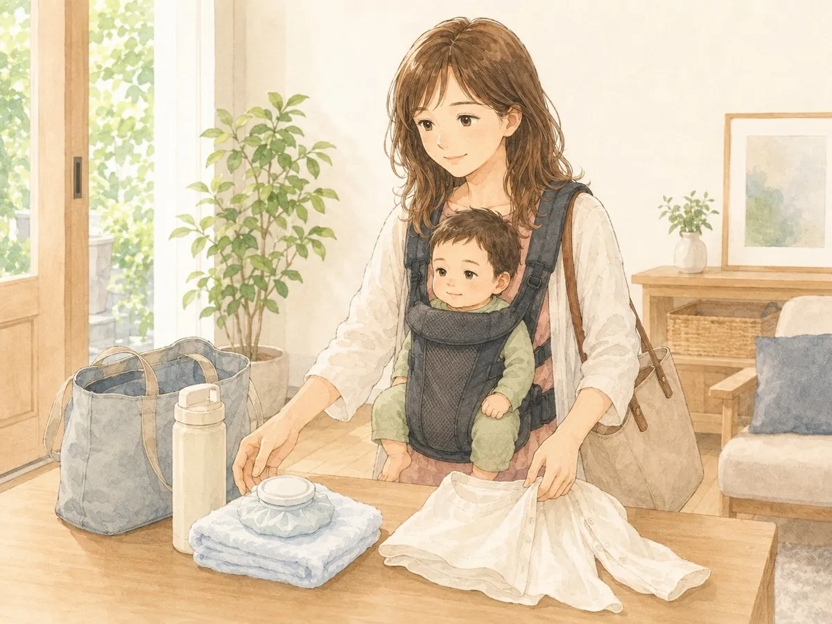 夏の通院に向けて、保冷剤を包んだタオルや薄手の羽織り・飲み物など暑さ対策グッズを用意し、抱っこ紐で出かける準備をするママの水彩イラスト