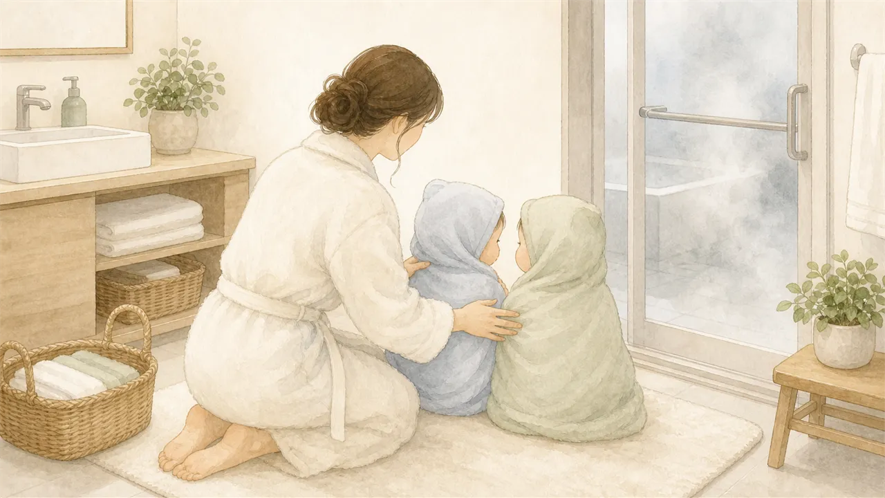 お風呂上がり、脱衣所でフード付きタオルにくるまれた双子を、バスローブ姿のママがやさしくケアする水彩イラスト