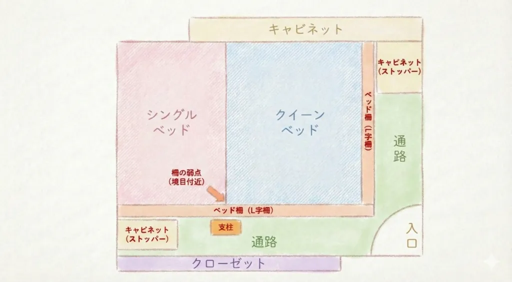 シングル＋クイーンベッドにベッドガードを設置した寝室レイアウト図