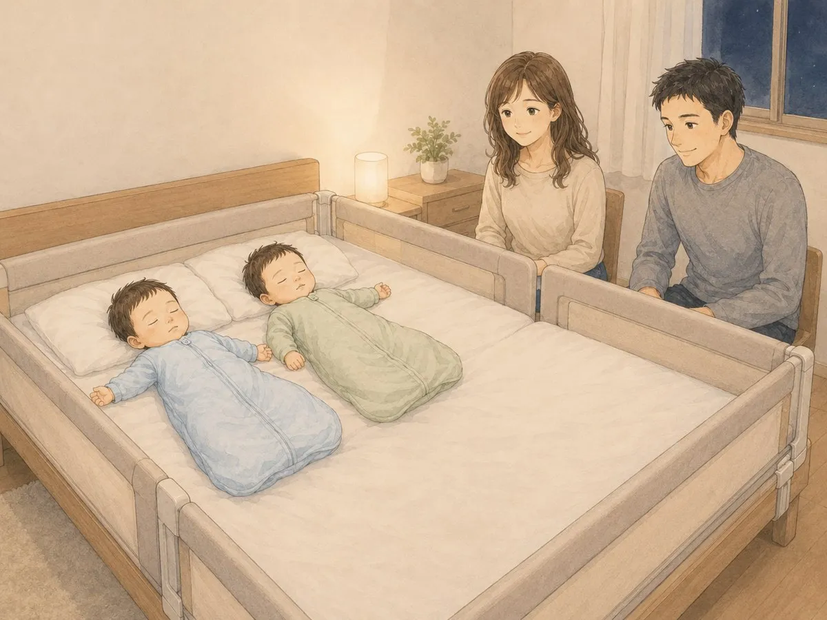 柵を付けたベッド（クイーン＋シングル）に双子を寝かせ、夫婦で見守る水彩イラスト
