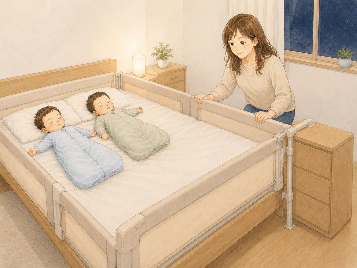 ベッドの柵を手で押して安定を確認するママと、止める収納・支える支柱のある寝床の水彩イラスト