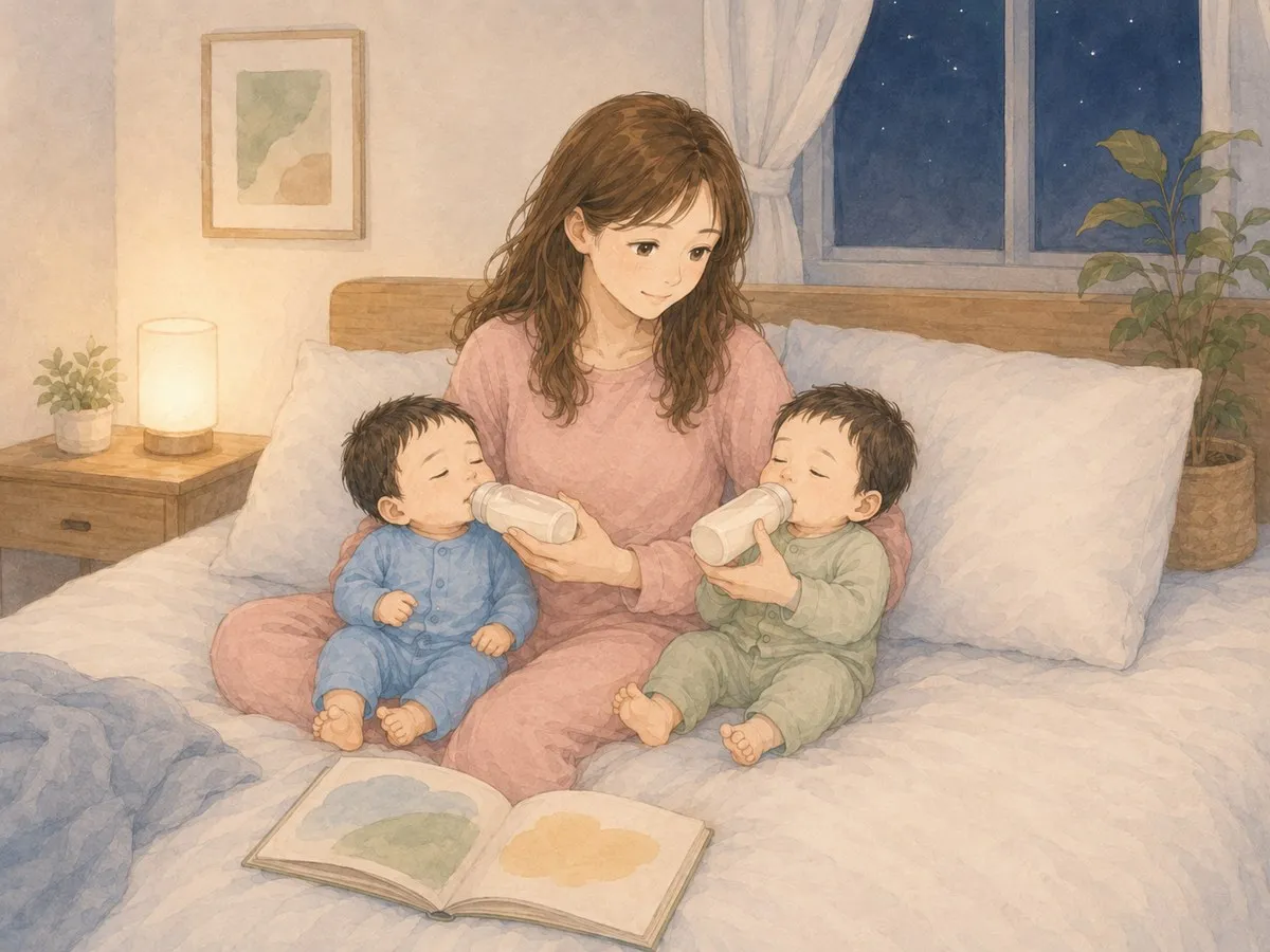 夜の寝室のベッドで、1歳すぎの双子に絵本を読んだあと哺乳瓶で落ち着かせるママの水彩イラスト
