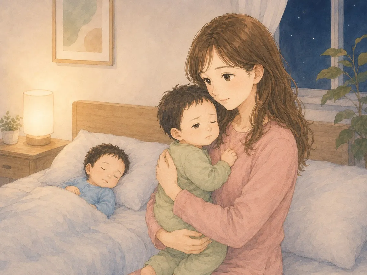 夜中に目を覚ました1歳すぎの子を抱っこして落ち着かせるママの水彩イラスト