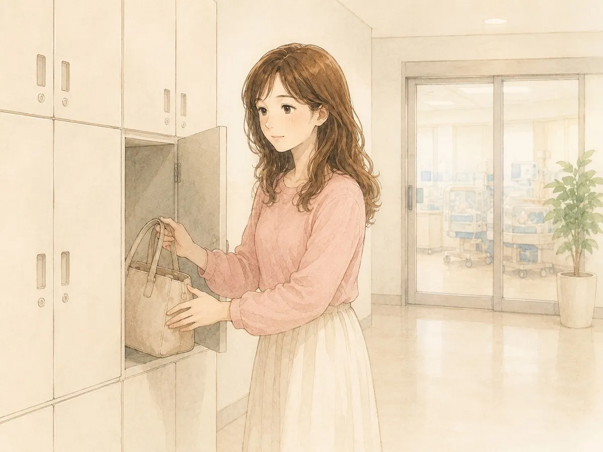 NICU入室前に、ロッカーへ荷物を預けるママの水彩イラスト