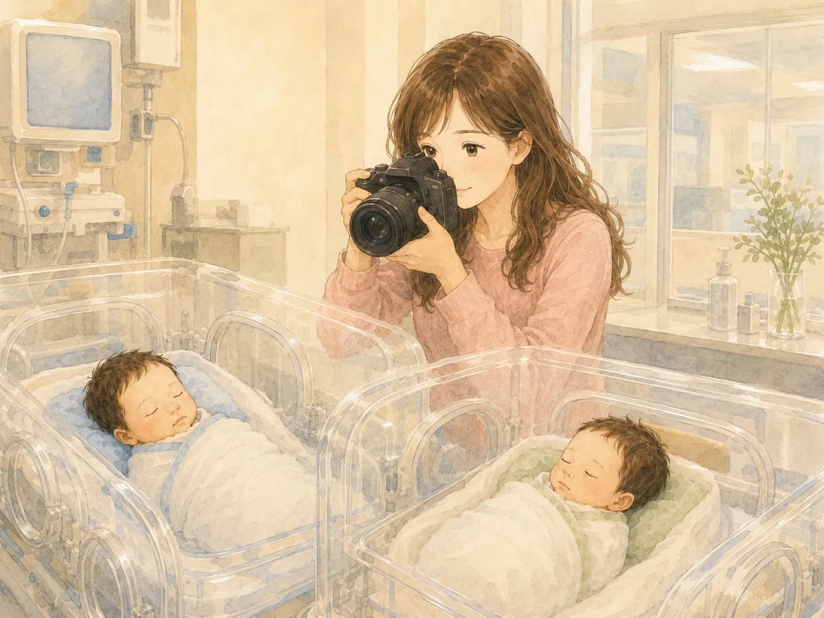一眼カメラを構えて、保育器の中の双子をそっと撮るママの水彩イラスト