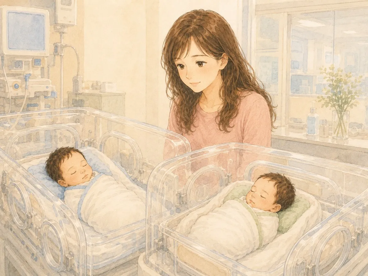 カメラを持たず、保育器の中の双子を見つめて目に焼き付けるママの水彩イラスト