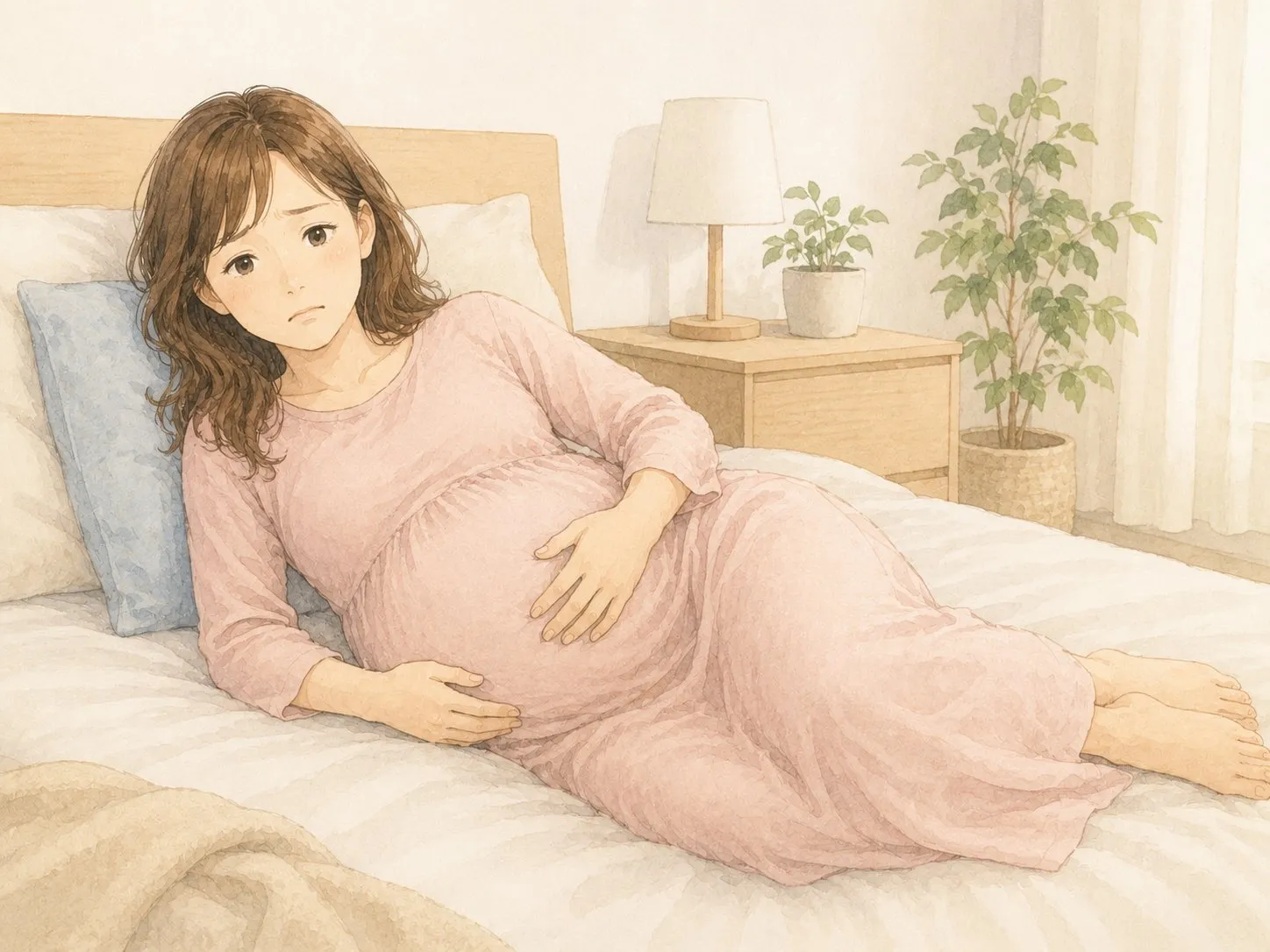 自宅のベッドで、強い張りに不安そうにお腹へ手を当てる妊娠中のママの水彩イラスト