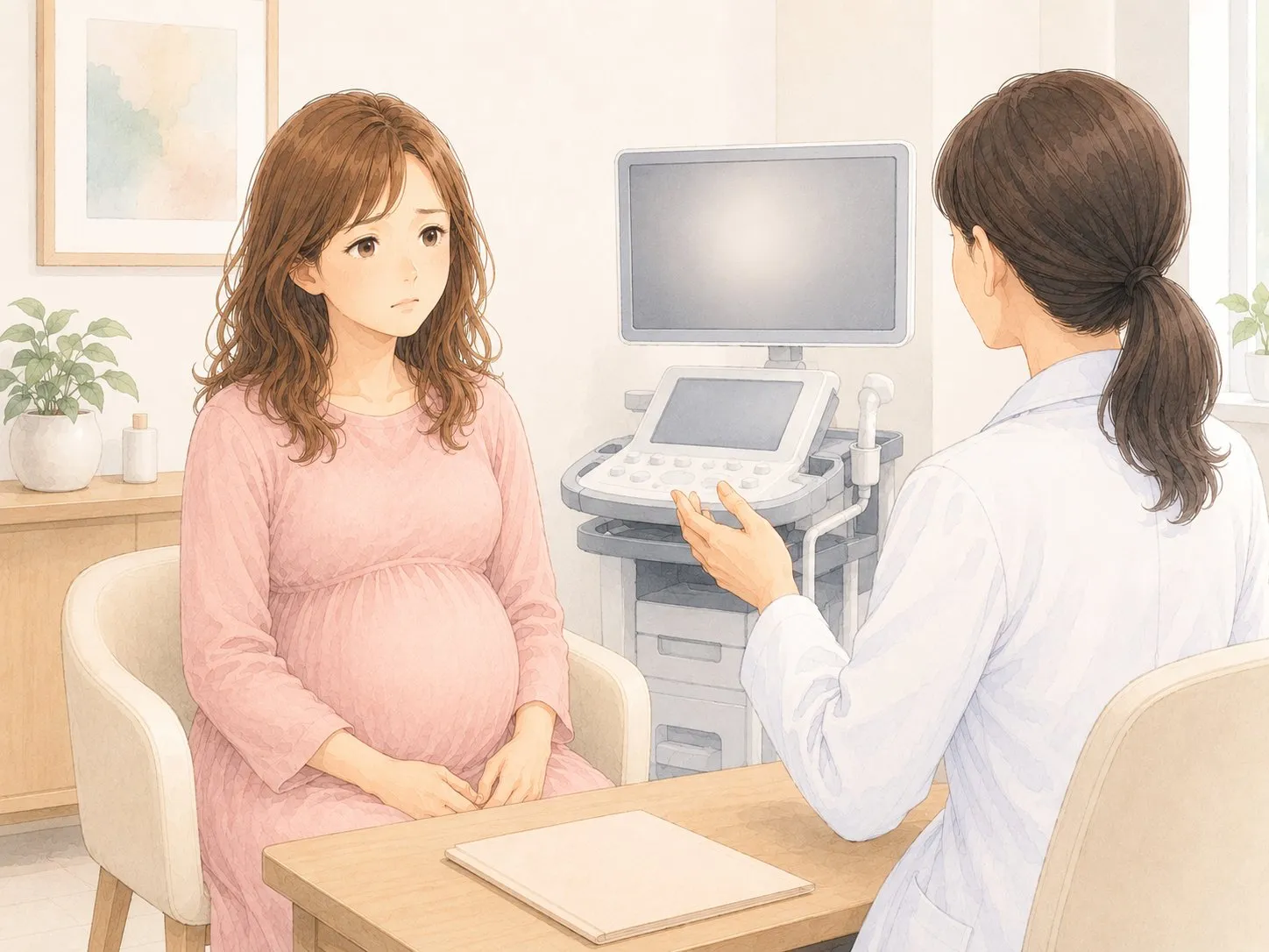 診察室で、医師の説明を不安そうに聞く妊娠中のママの水彩イラスト