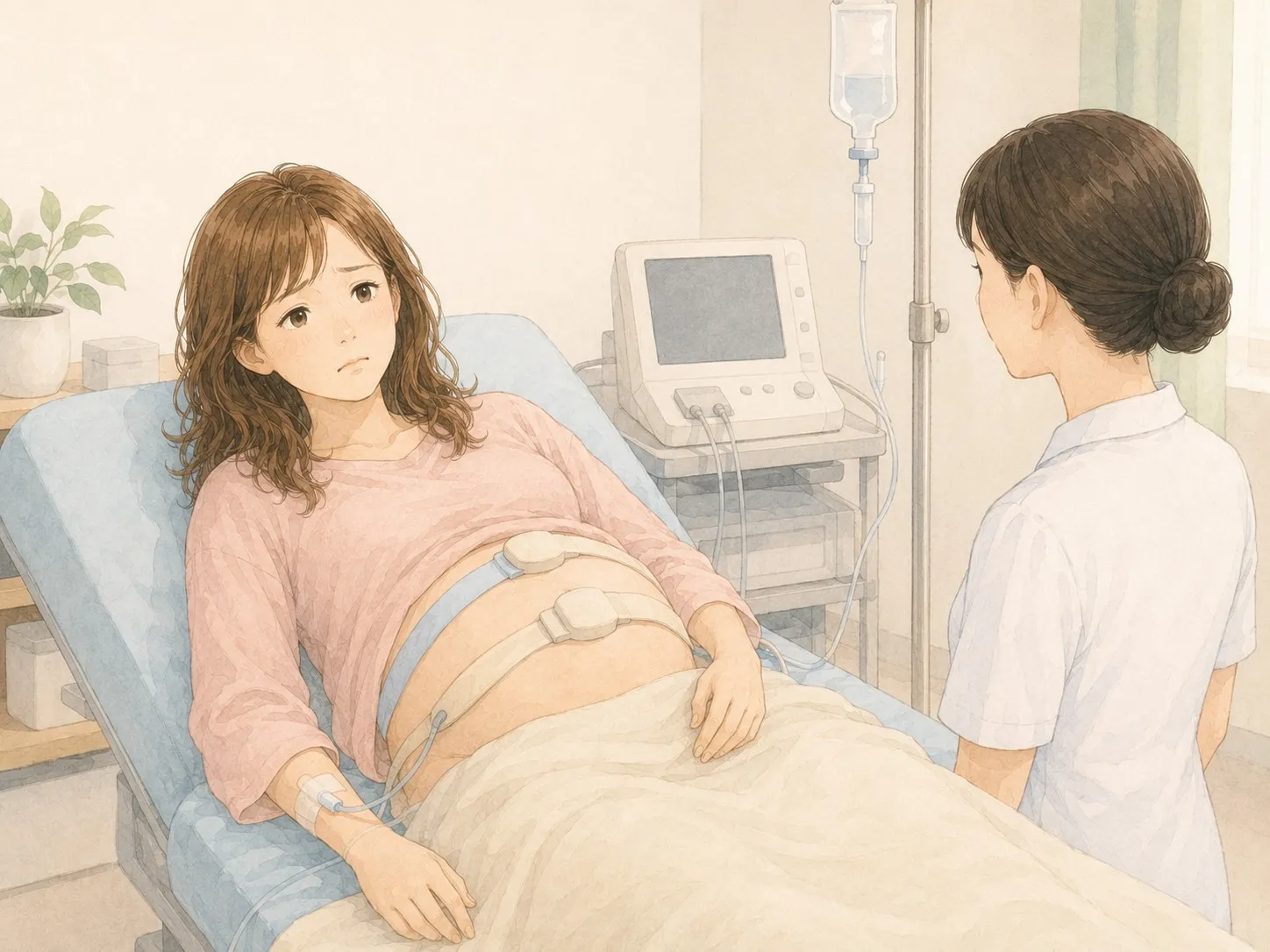処置室で、NSTと点滴をつけて休む妊娠中のママと見守る看護師の水彩イラスト