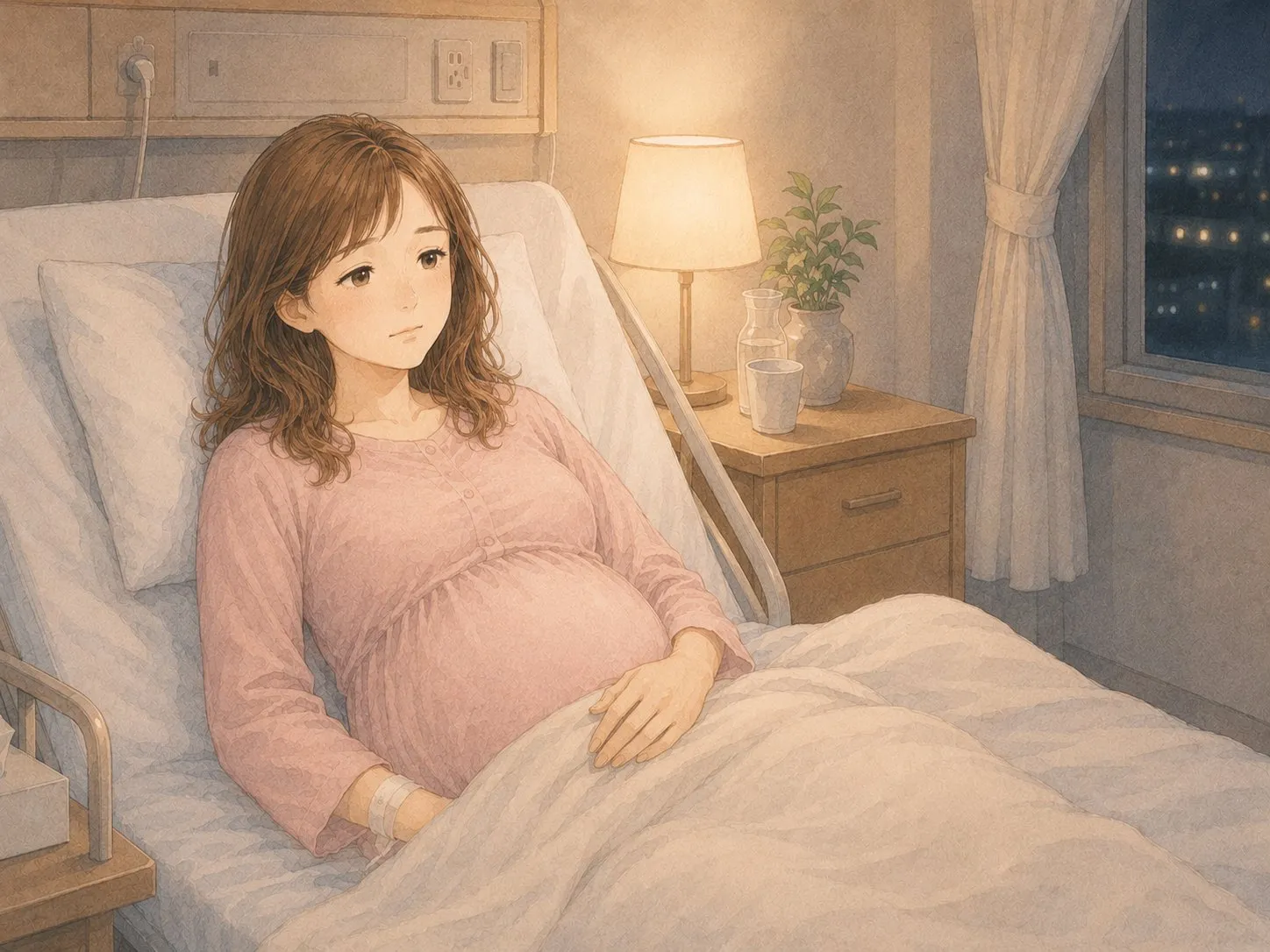 夜の個室ベッドで、長い1日を終えて静かに休む妊娠中のママの水彩イラスト