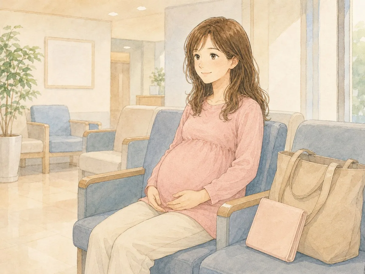 双子の妊婦健診の待合室で、ふっくらしたお腹にそっと手を添えて座るママの水彩イラスト