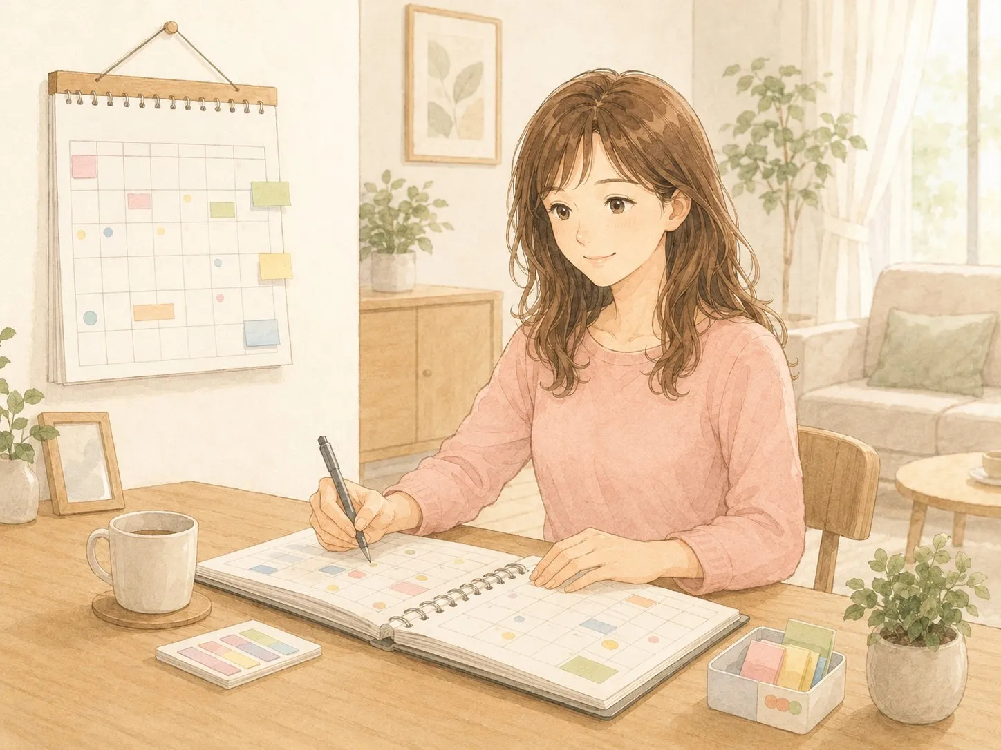 自宅で、退院後の通院予定をカレンダーと手帳に書き込んで整理するママの水彩イラスト