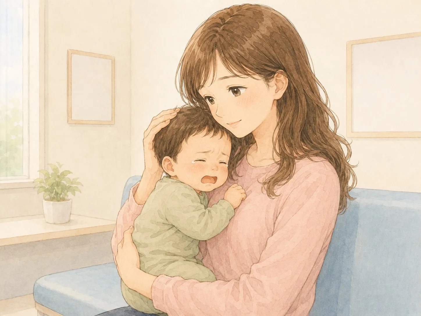 小児科で、予防接種を終えてぐずる赤ちゃんを胸に抱いてやさしくあやすママの水彩イラスト