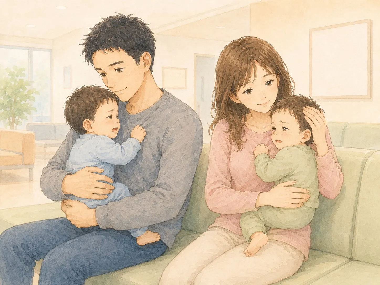 病院の待合室で、パパとママが双子をそれぞれあやしながら順番を待つ水彩イラスト