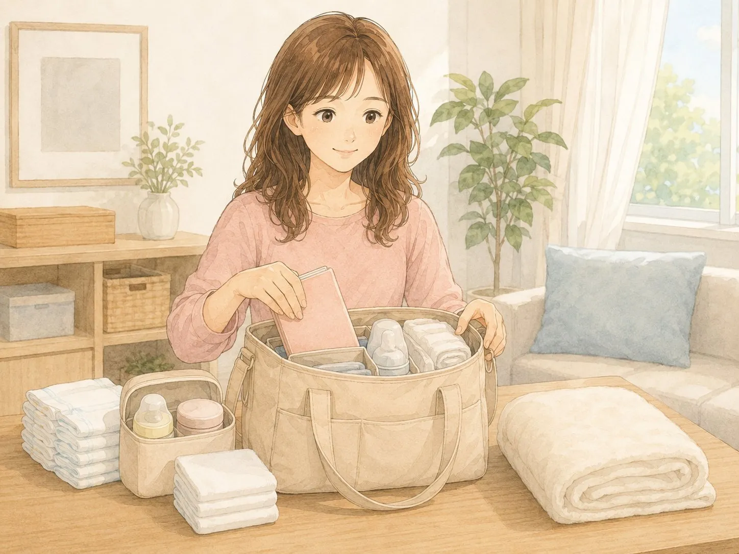 通院バッグに母子手帳・オムツ・ミルクセットなど定番の持ち物を詰めて準備するママの水彩イラスト