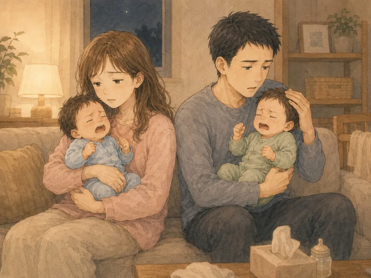 同時泣きの夜に、夫婦が双子を抱えて対応する水彩イラスト