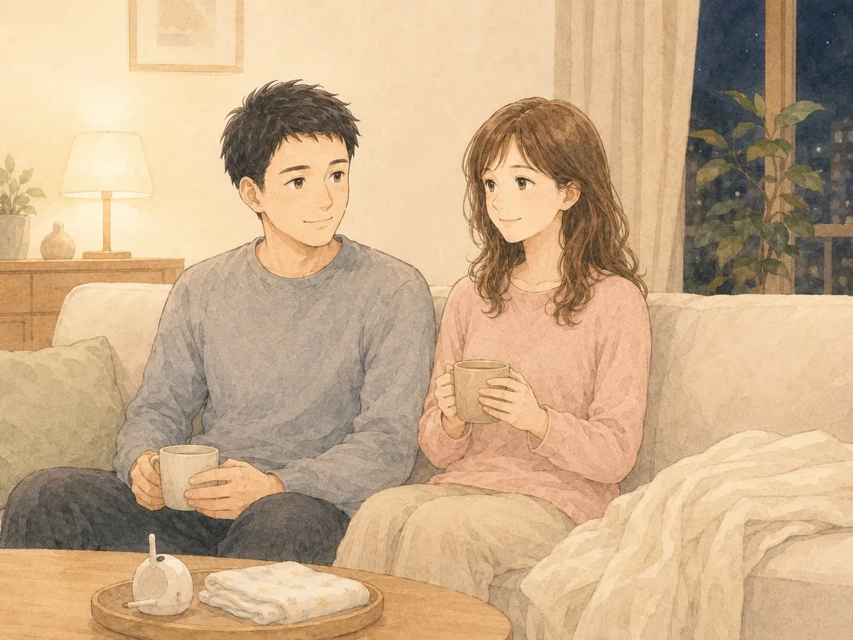 寝かしつけのあと、夫婦が労い合う水彩イラスト