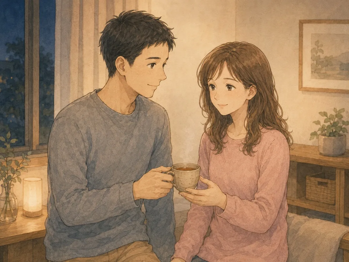 夜、夫婦が寄り添ってお茶を手渡す水彩イラスト