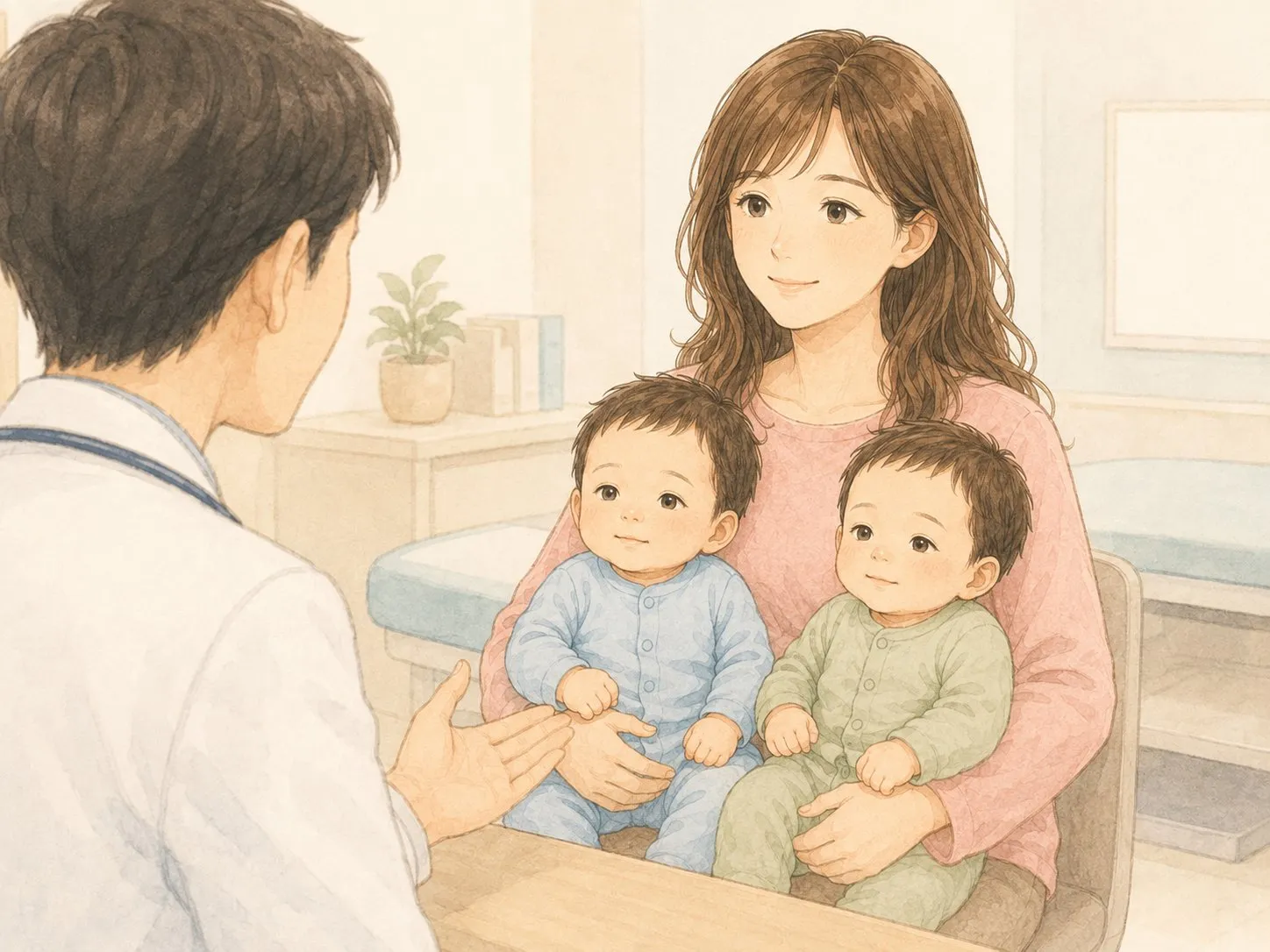 健診で、双子を連れたママが医師から成長をほめられ安心する水彩イラスト