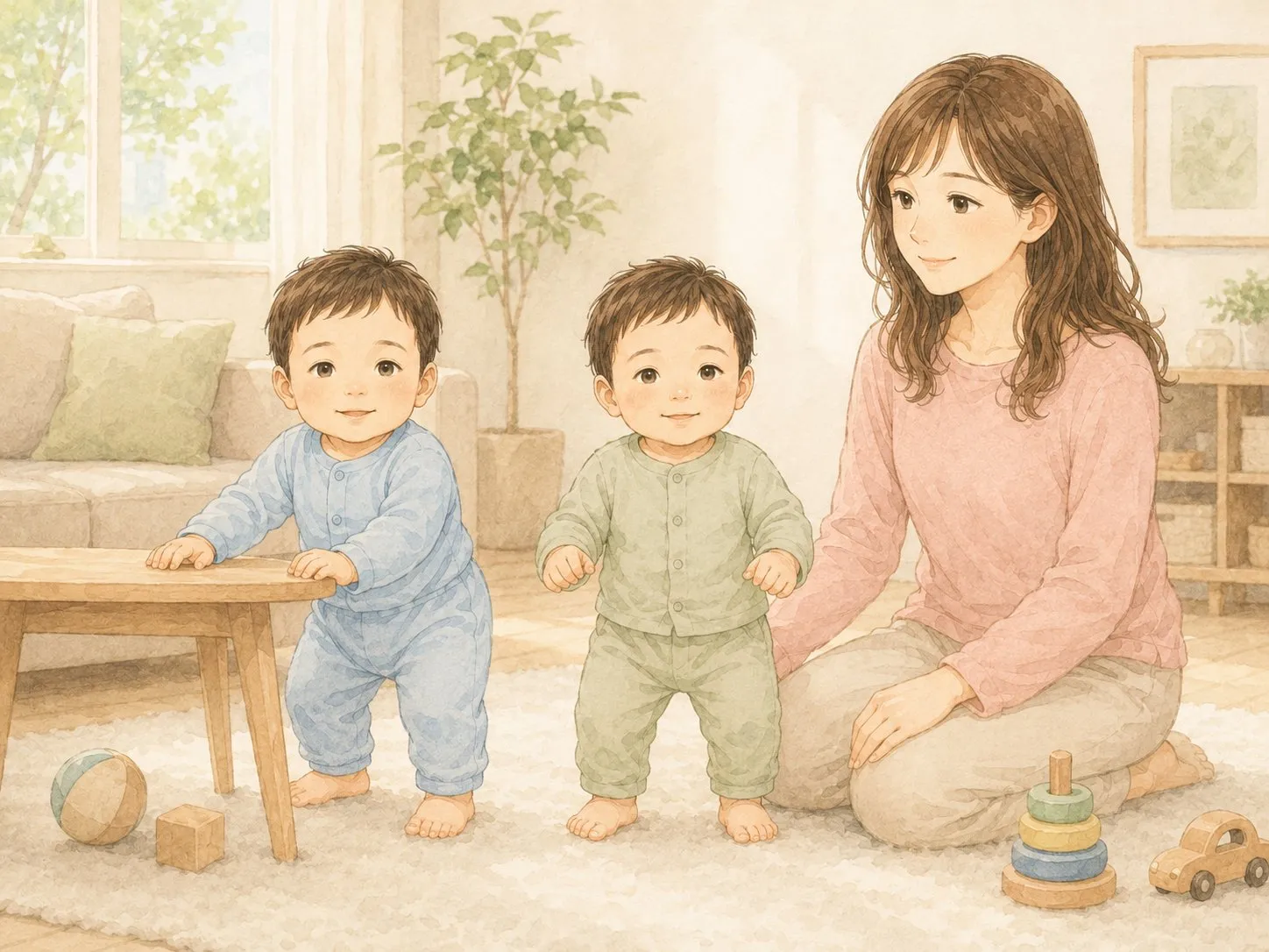 双子の成長を、背比べしながら愛おしく見守るママの水彩イラスト