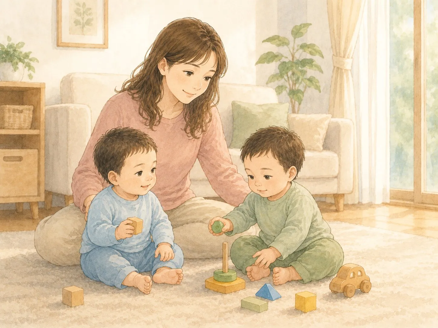 リビングで双子と遊び、その子のペースの成長を見守るママの水彩イラスト