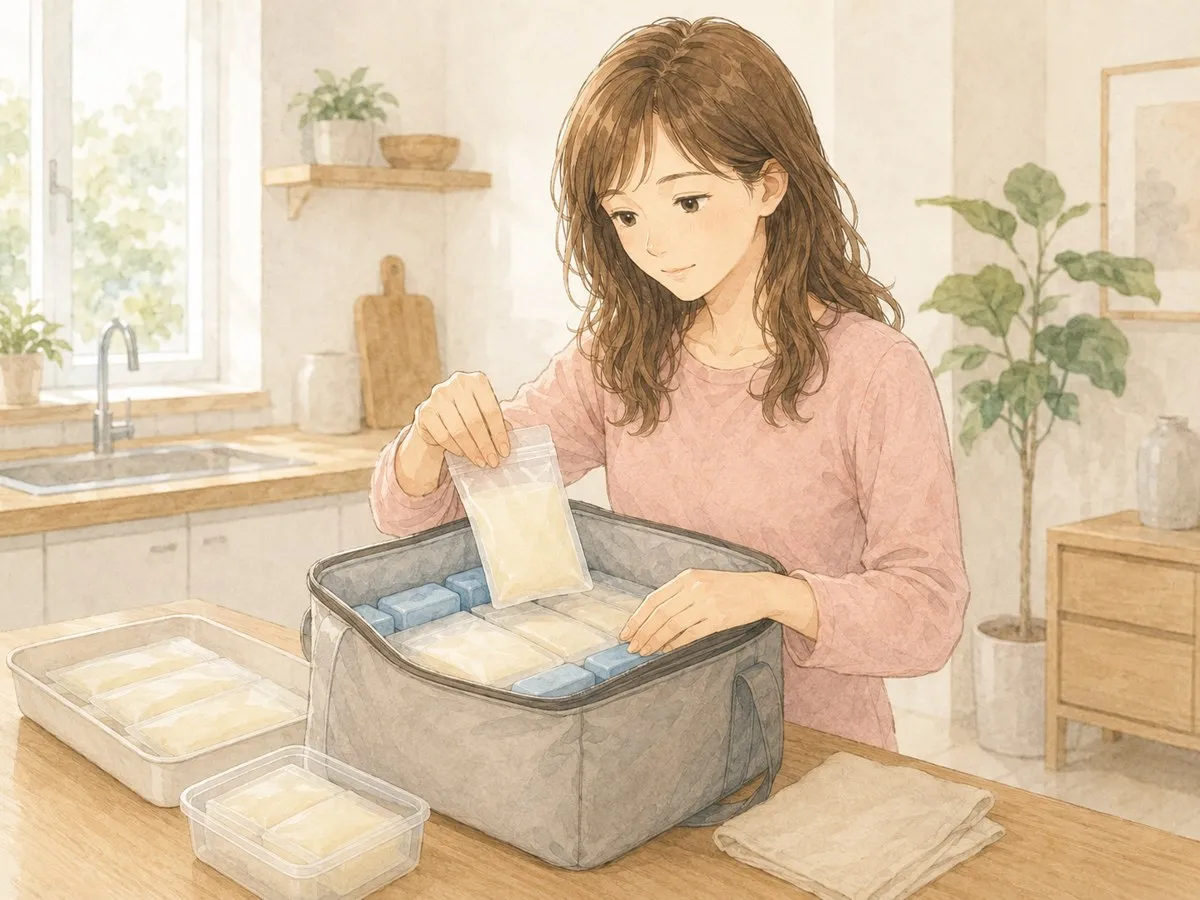 自宅で冷凍した母乳パックを保冷剤と一緒にクーラーバッグへ詰めるママの水彩イラスト