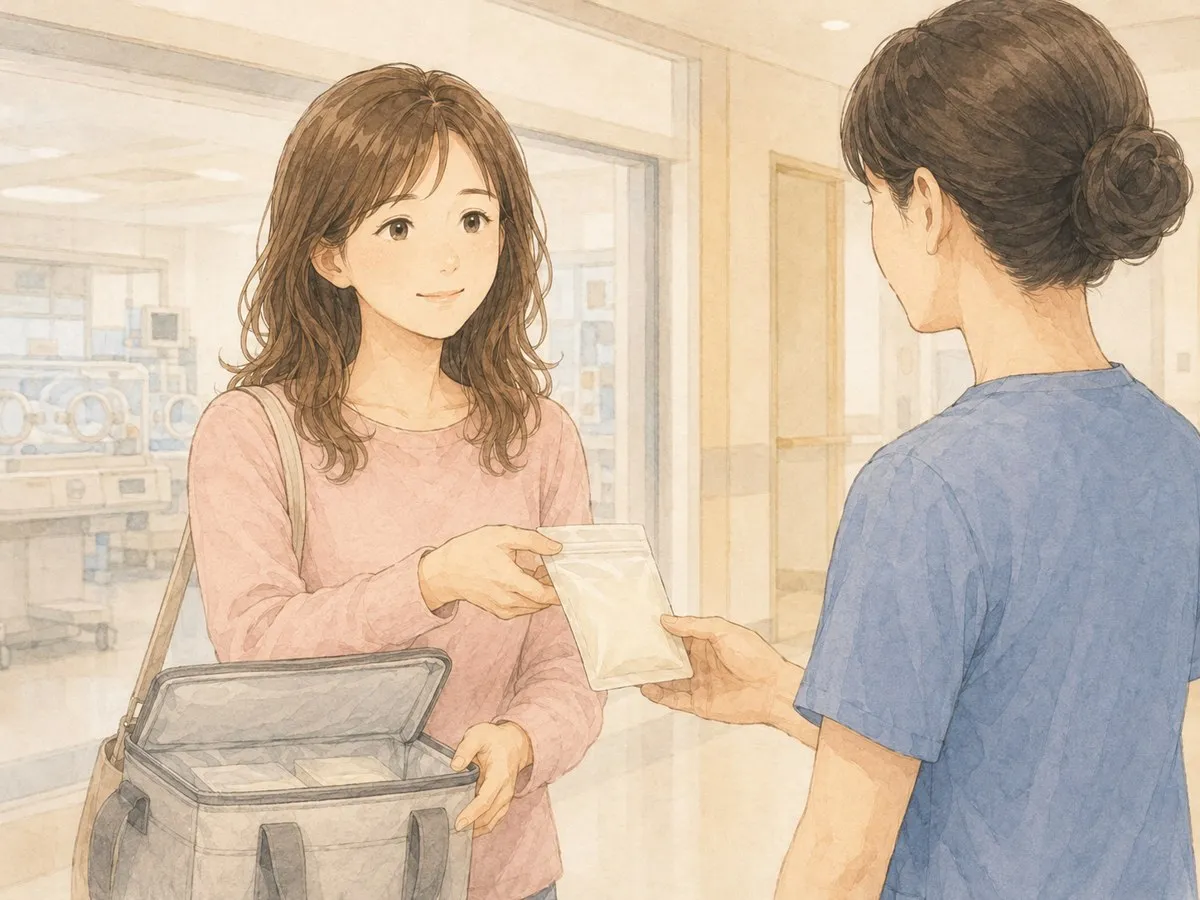 NICUの入口で、看護師さんに冷凍母乳のパックをそっと手渡すママの水彩イラスト