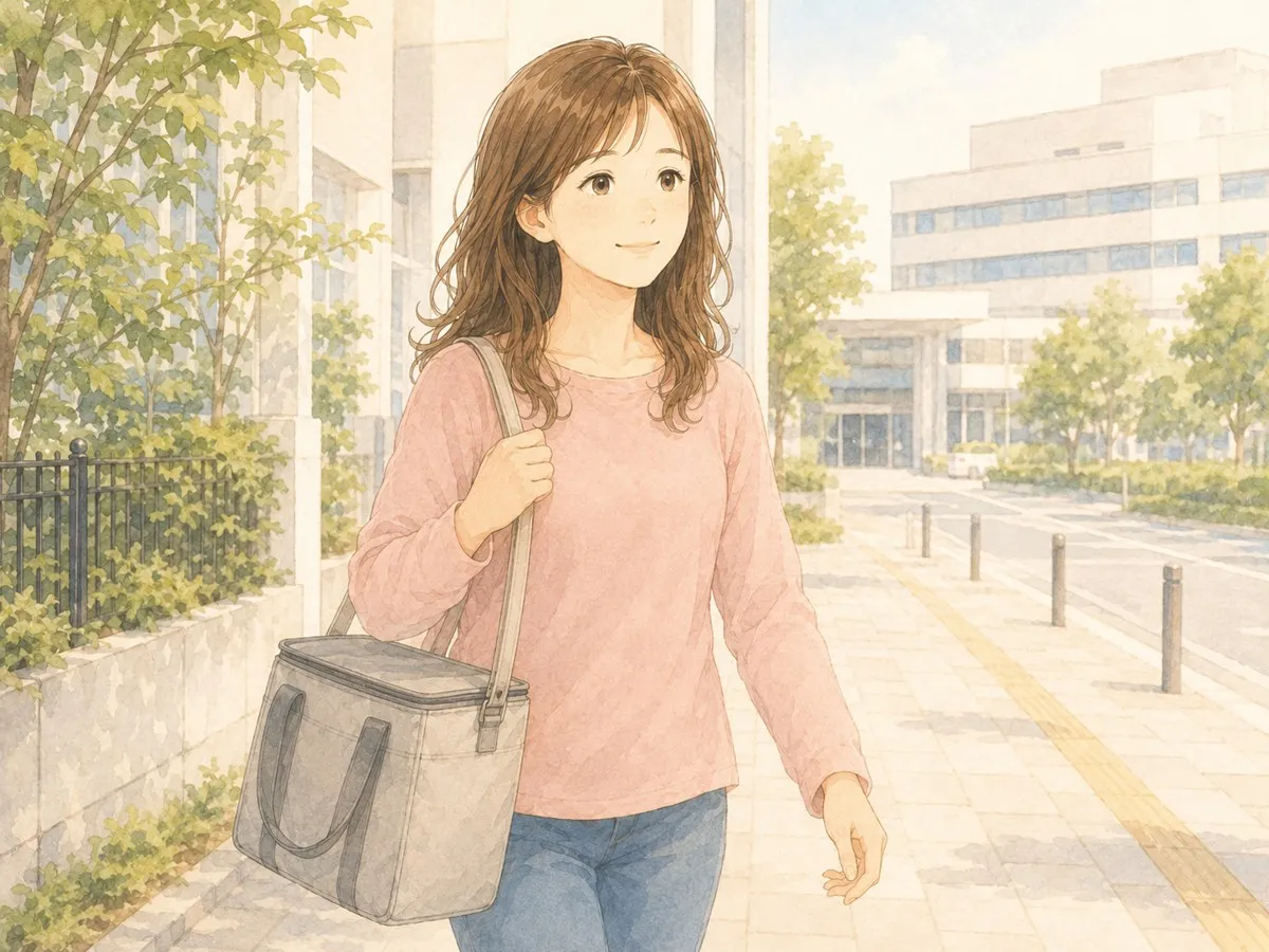 保冷バッグを肩にかけ、産後の体で病院へ向かって歩くママの水彩イラスト