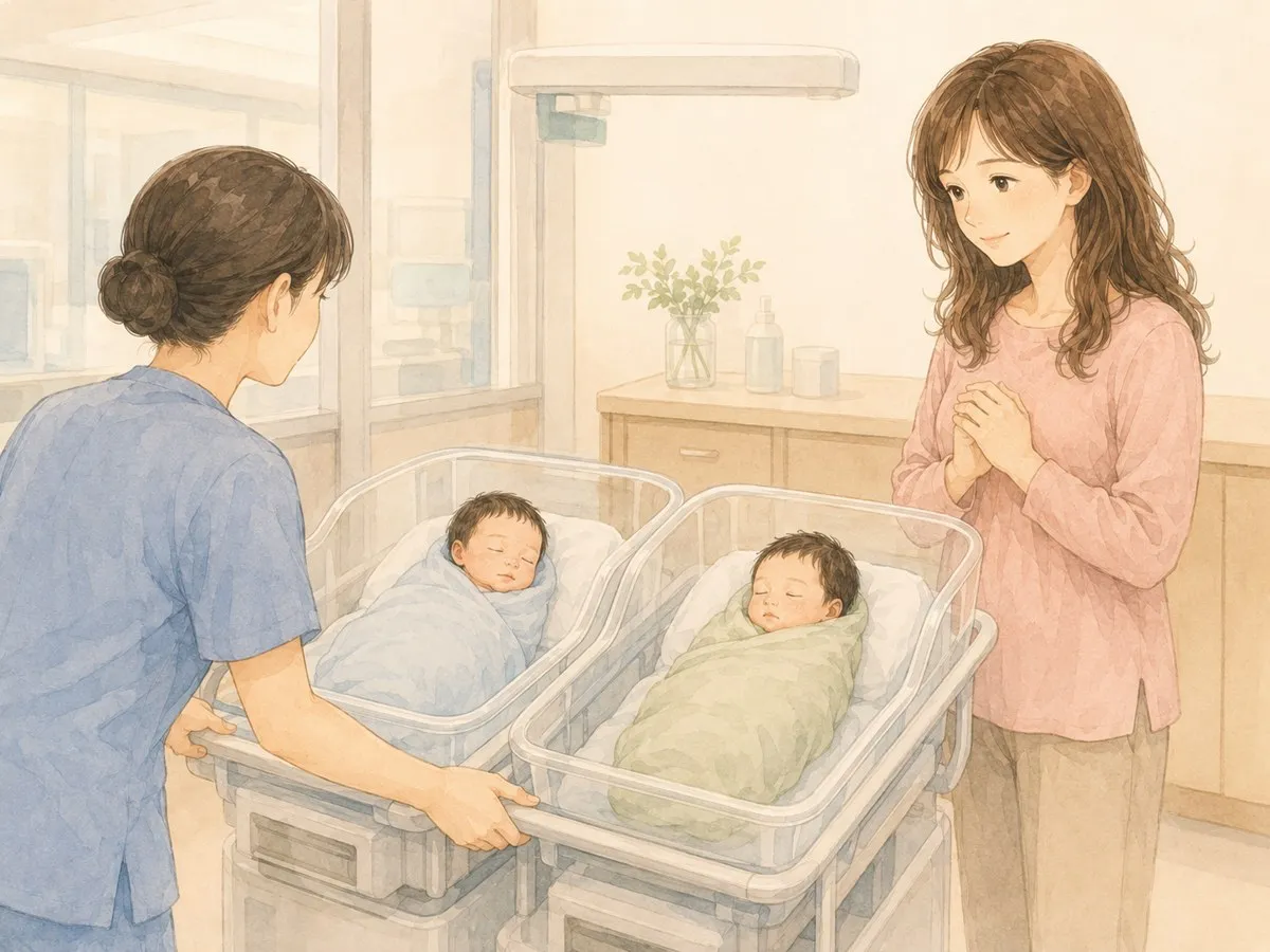 NICUで看護師さんが双子のコットを隣どうしに並べてくれて、並んだ兄弟を見つめるママの水彩イラスト